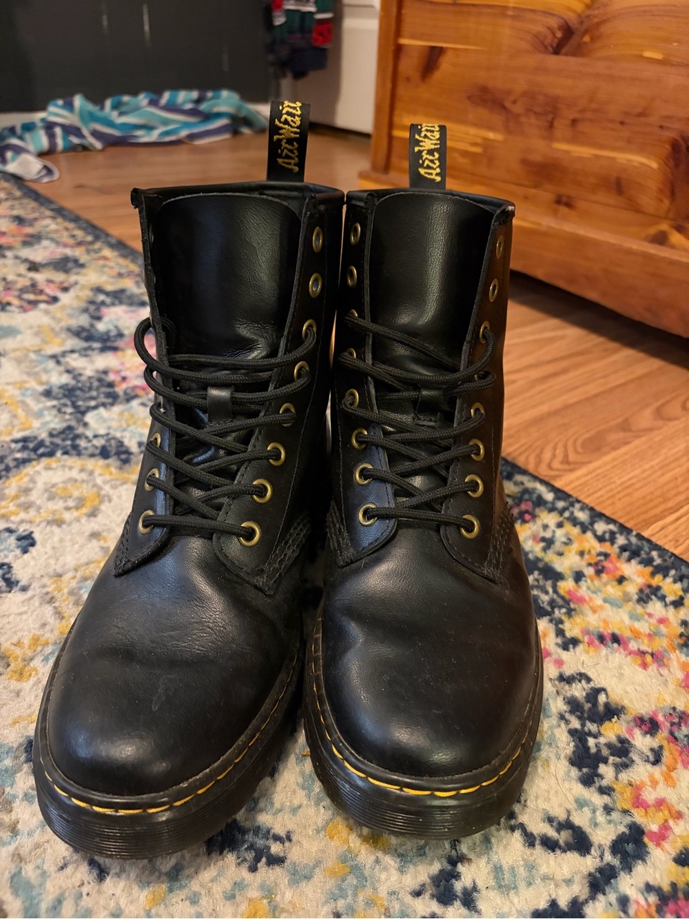 Dr. Martens Black Leather Combat Boots with Yellow Stitching